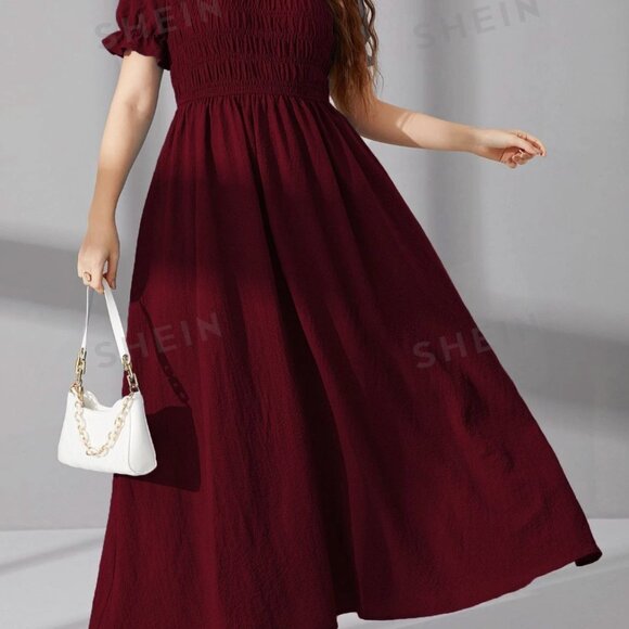 SHEIN Mulvari Plus Shirred Puff Sleeve A-line Dress - Picture 4 of 6
